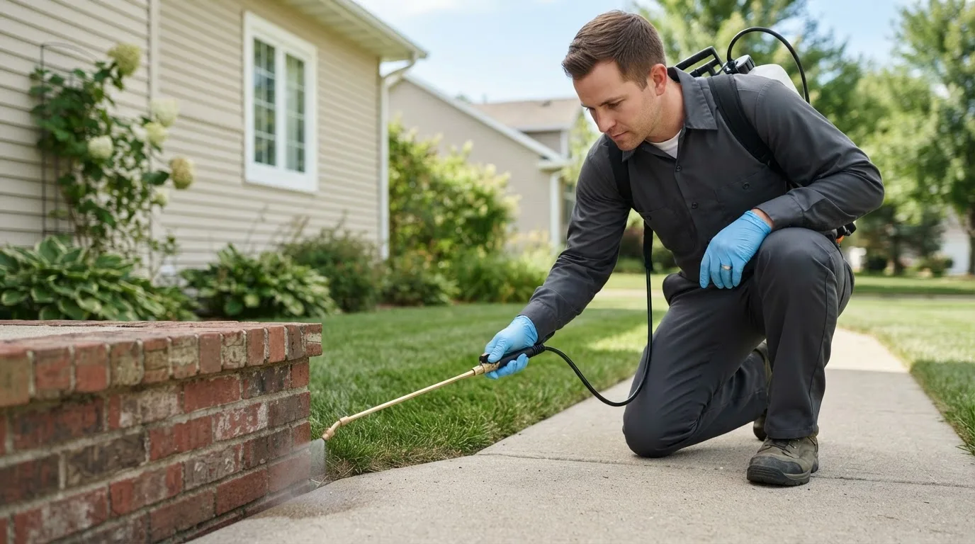 Pest control technician treating a home near Morris, MN